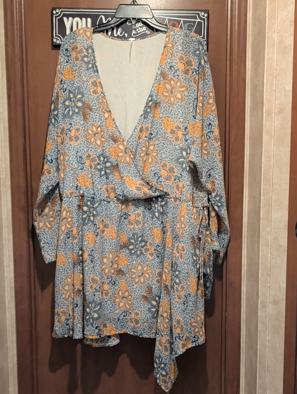 Free People Floral Wrap Mini Dress in Blue and Tan